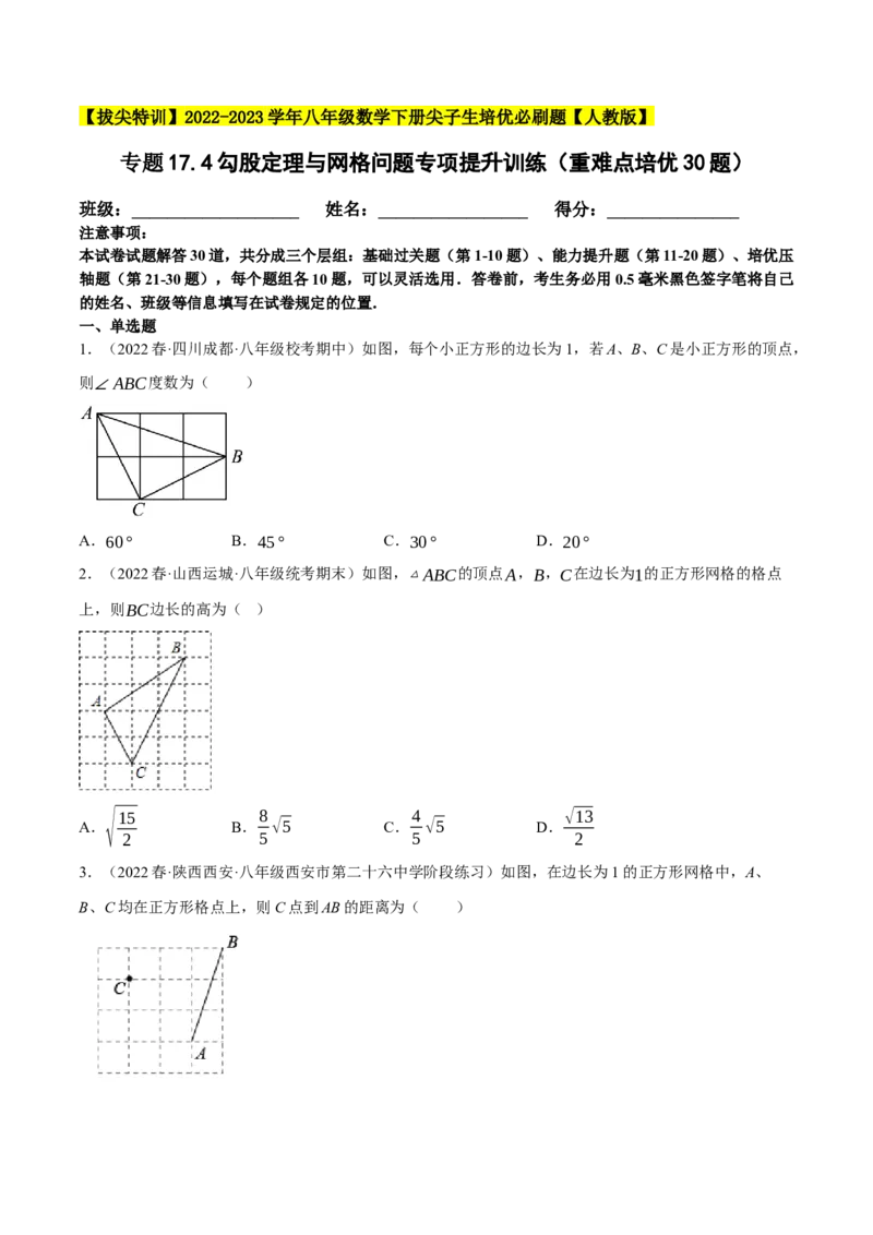专题17.4勾股定理与网格问题专项提升训练（重难点培优30题）-拔尖特训2023年培优（原卷版）人教版_初中数学人教版_八年级数学下册_保存转存之后查看(1)_旧版-可参考_07专项讲练