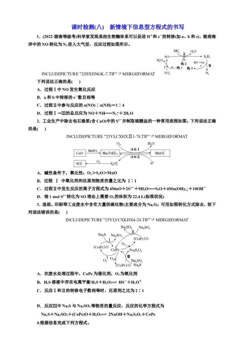 2025年高考复习化学课时检测八：新情境下信息型方程式的书写（含答案）_05高考化学_2025年新高考资料_专项练习_2025年高考复习化学课时检测（含解析）（完结）