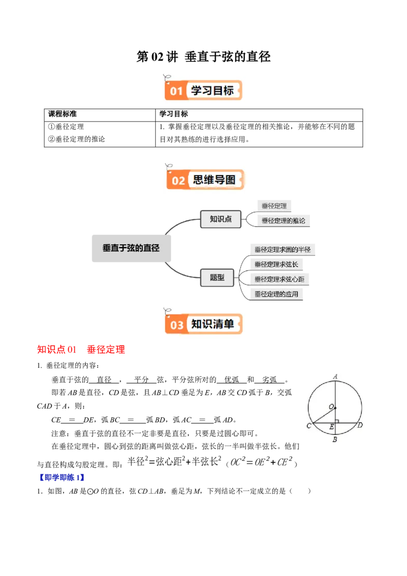第02讲垂直于弦的直径（2个知识点+4类热点题型讲练+习题巩固）（教师版）_初中数学_九年级数学上册（人教版）_同步讲义-U18_2025版