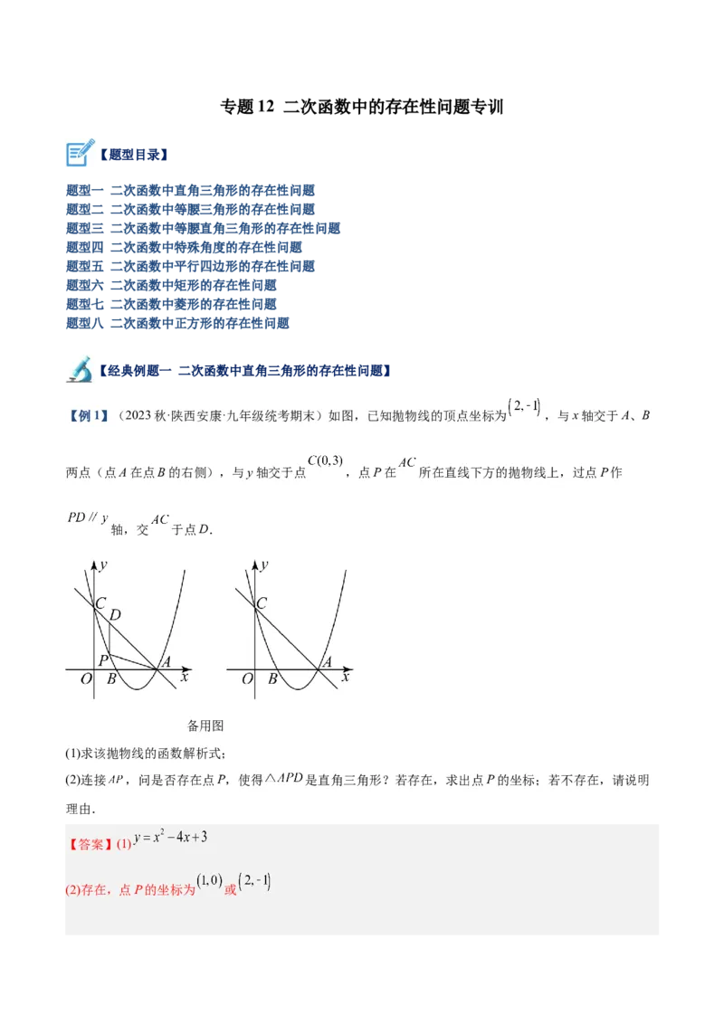 专题12二次函数中的存在性问题专训（解析版）_初中数学人教版_9下-初中数学人教版_07专项讲练_2023-2024学年九年级数学全册重难点专题提升精讲精练（人教版）_九年级上册