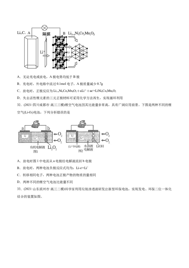 专题08电化学及其应用-2021年高考化学真题与模拟题分类训练（学生版）_05高考化学_新高考复习资料_2023年新高考资料_一轮复习_2023年新高考大一轮复习讲义