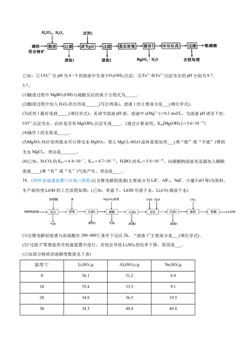 专题15工艺流程题-2020年高考化学真题与模拟题分类训练（学生版）_05高考化学_新高考复习资料_2022年新高考资料_2022年一轮复习各版本_1.高考化学2022年一轮复习通用版