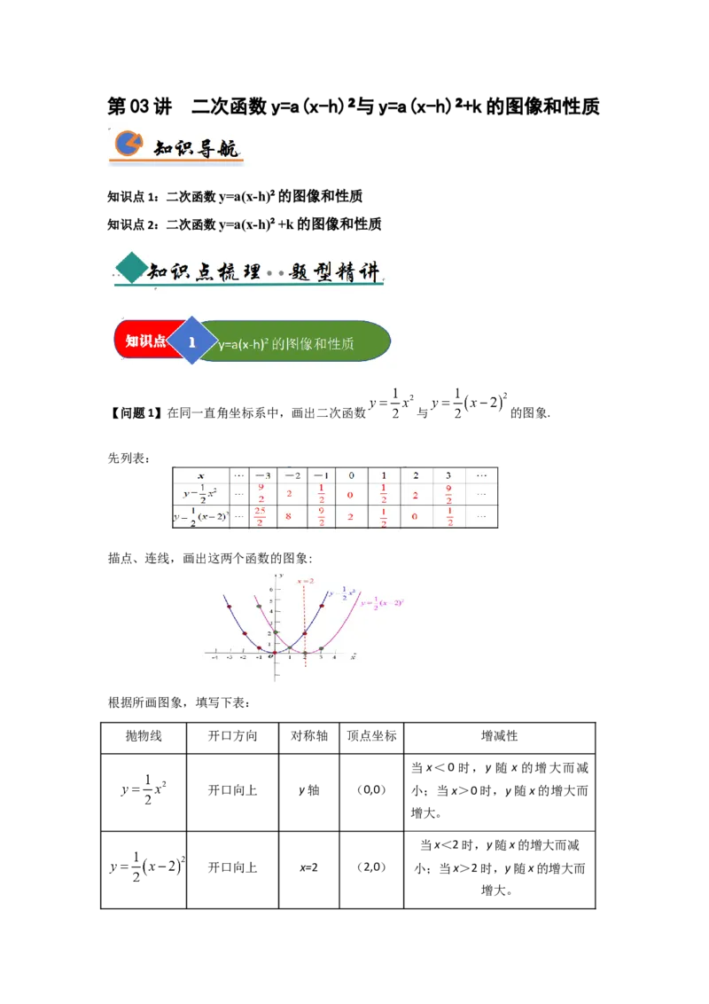 第03讲二次函数y=a（x-h）&sup2;与y=a（x-h）&sup2;k的图像和性质（知识解读题型精讲随堂检测）（学生版）_初中数学_九年级数学上册（人教版）_知识解读与题型专练-V14_2026版