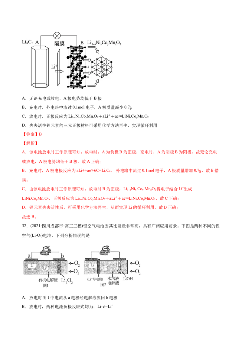 专题08电化学及其应用-2021年高考化学真题与模拟题分类训练（教师版含解析）_05高考化学_新高考复习资料_2023年新高考资料_一轮复习_2023年新高考大一轮复习讲义