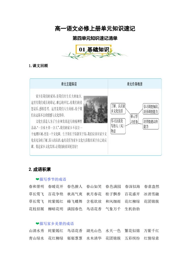 第四单元（知识清单）统编版必修上册）_高语_高中语文_必修上册_知识清单