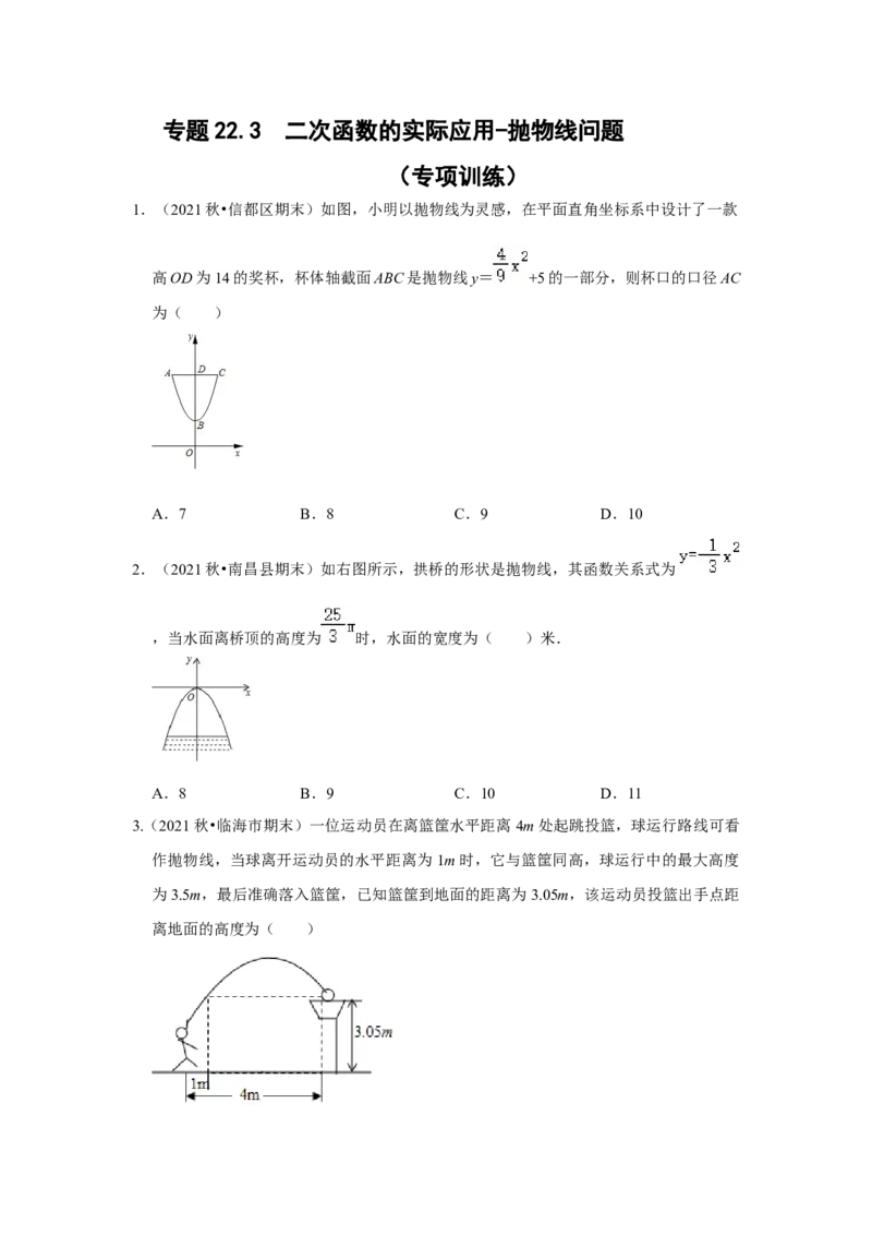 专题22.3二次函数的实际应用-抛物线问题（专题训练）-2022-2023学年九年级数学上册《同步考点解读&bull;专题训练》（人教版）_初中数学人教版_9上-初中数学人教版_07专项讲练