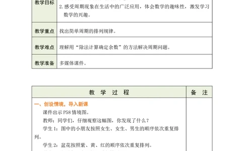 简单的周期（教案）（表格式）_A151三年级下册数学（苏教版）_2026春新版_第二套_03教案（第二套）齐全
