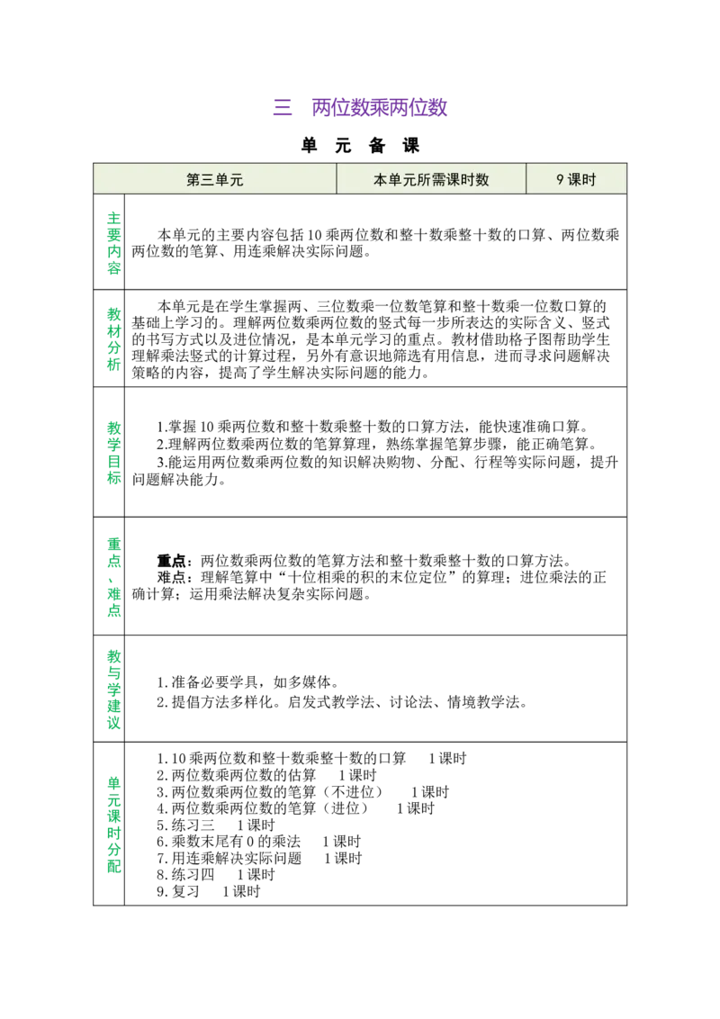 第三单元总教案_A151三年级下册数学（苏教版）_2026春新版_第二套_03教案（第二套）齐全_第3单元两位数乘两位数（教案）