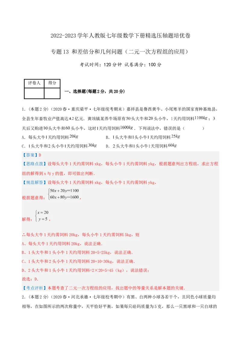 专题13和差倍分和几何问题（二元一次方程组的应用）（解析版）_初中数学人教版_7下-初中数学人教版_7下-初中数学人教版（旧版）赠送_07专项讲练