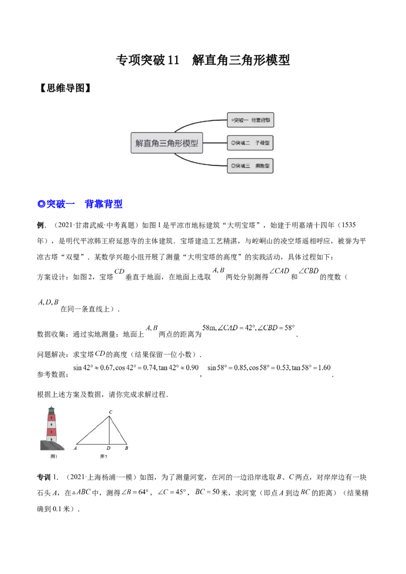 专题11解直角三角形模型（专项突破）-原卷版_初中数学人教版_9下-初中数学人教版_07专项讲练_一题三变系列2022-2023学年九年级数学下册重要考点题型精讲精练(人教版)