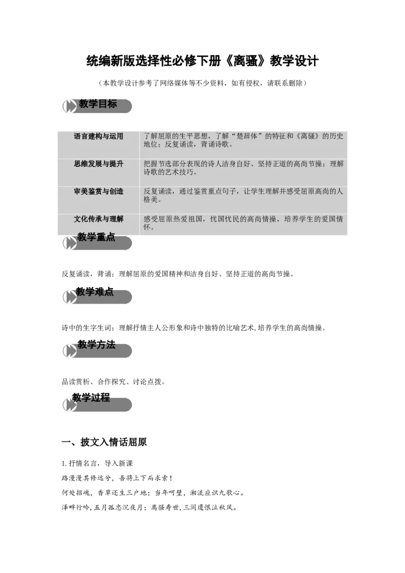 精品教学《离骚（节选）》（教学设计）-2019-2020学年高二语文同步教学(统编版选择性必修下)_高语_人教版高中语文_05部编高中语文选择性必修下册_03课件+教案