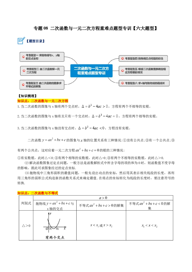 专题08二次函数与一元二次方程重难点题型专训六大题型（原卷版）_初中数学人教版_9下-初中数学人教版_07专项讲练_2023-2024学年九年级数学全册重难点专题提升精讲精练（人教版）