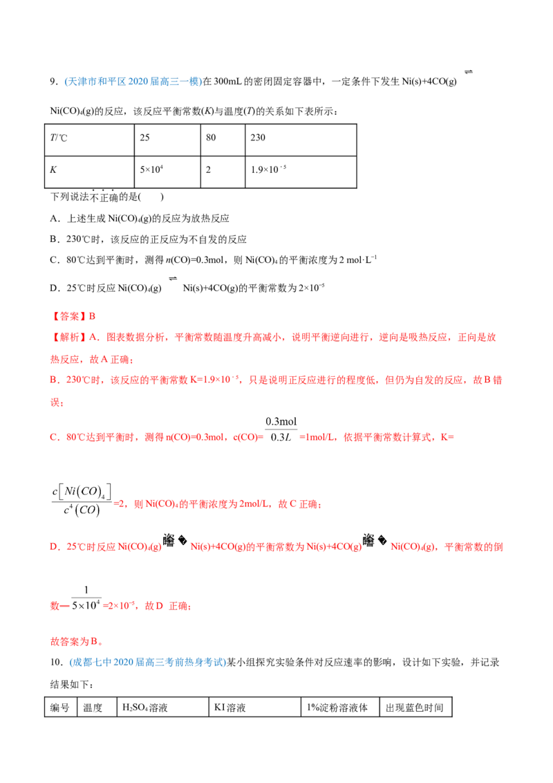 专题09反应速率、化学平衡-2020年高考化学真题与模拟题分类训练（教师版含解析）_05高考化学_新高考复习资料_2022年新高考资料_2022年一轮复习各版本