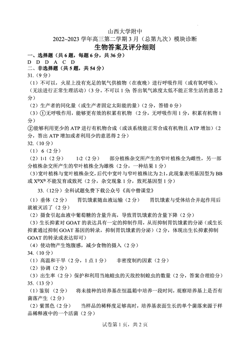 3月理科综合生物答案公众号：一枚试卷君_05高考化学_高考模拟题_新高考_2023山西大学附属中学校高三下学期3月诊断考试理综_2023山西大学附属中学校高三下学期3月诊断考试理综