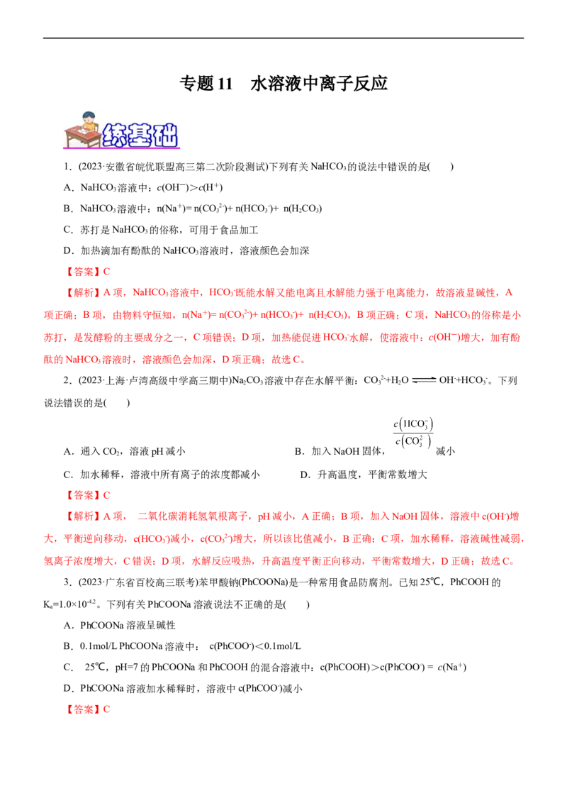 专题11水溶液中离子反应（练）（解析版）_05高考化学_通用版（老高考）复习资料_2023年复习资料_二轮复习_2023年高考化学二轮复习讲练测（全国通用）