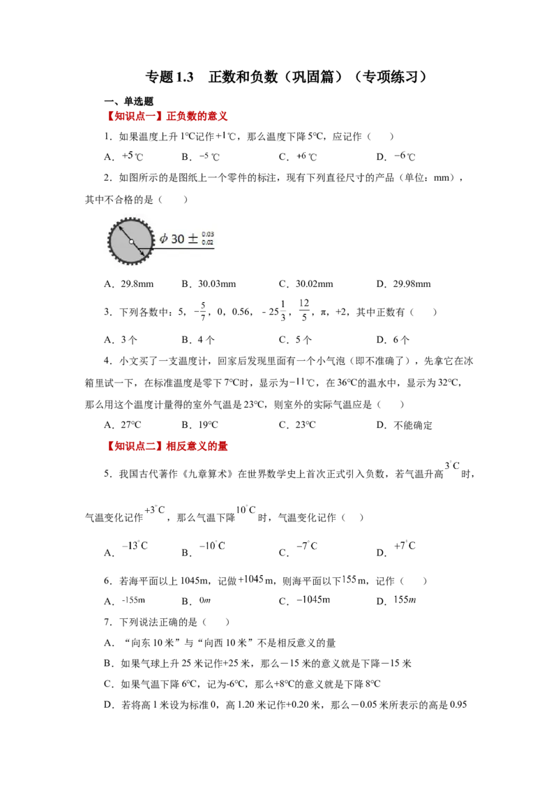 专题1.3正数和负数（巩固篇）（专项练习）-2022-2023学年七年级数学上册基础知识专项讲练（人教版）_初中数学人教版_7上-初中数学人教版_7上-初中数学人教版（旧版）赠送_07专项讲练