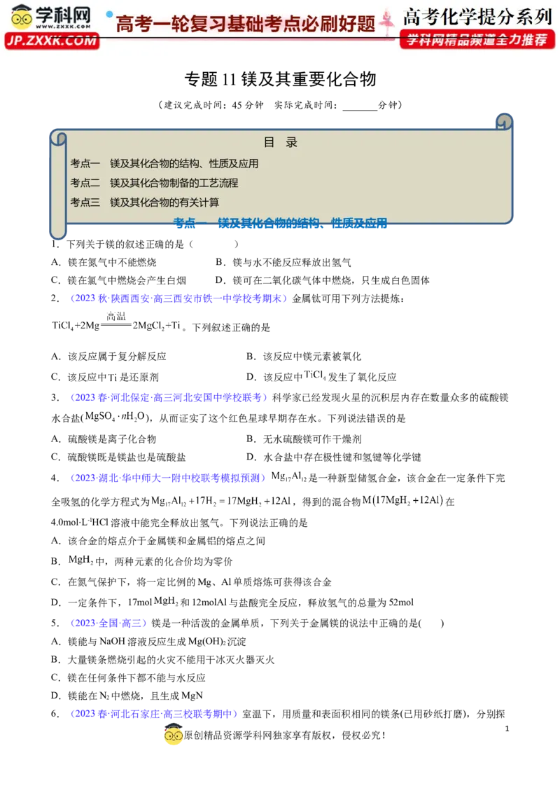 专题11镁及其重要化合物-2024年高考化学一轮复习基础考点必刷好题（新教材新高考）（原卷版）_05高考化学_2024年新高考资料_1.2024一轮复习
