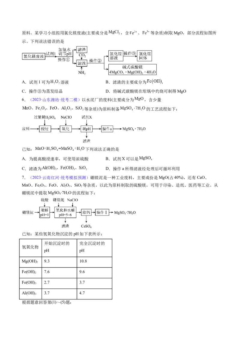 专题11镁及其重要化合物-2024年高考化学一轮复习基础考点必刷好题（新教材新高考）（原卷版）_05高考化学_2024年新高考资料_1.2024一轮复习