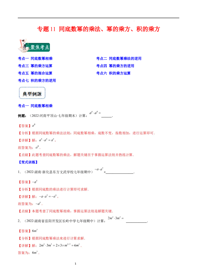 专题11同底数幂的乘法、幂的乘方、积的乘方(解析版)（重点突围）_初中数学人教版_8上-初中数学人教版_旧版_07专项讲练