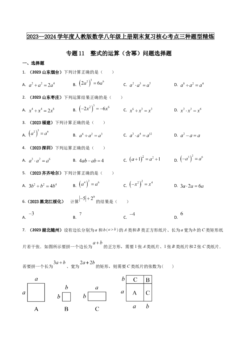 专题11整式的运算（含幂）问题（原卷版）_初中数学人教版_8上-初中数学人教版_旧版_06习题试卷_6期中期末复习专题