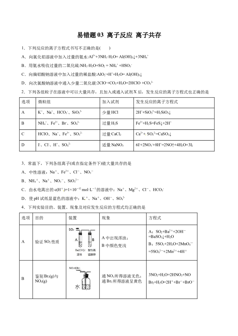专题03离子反应离子共存-2019年高考化学易错题汇总（原卷版）_05高考化学_新高考复习资料_2022年新高考资料_2022年一轮复习各版本_1.高考化学2022年一轮复习通用版_原卷版