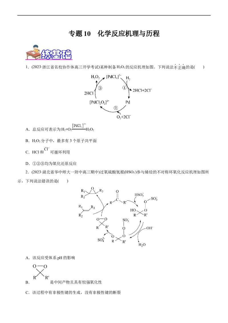 专题10化学反应机理与历程（练）（原卷版）_05高考化学_通用版（老高考）复习资料_2023年复习资料_二轮复习_2023年高考化学二轮复习讲练测（全国通用）