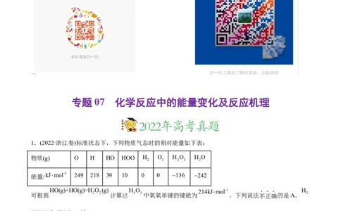 专题07化学反应中的能量变化及反应机理-2022年高考真题和模拟题化学分专题训练（教师版含解析）_05高考化学_2024年新高考资料_1.2024一轮复习_赠2022年高考化学真题与模拟题分类训练