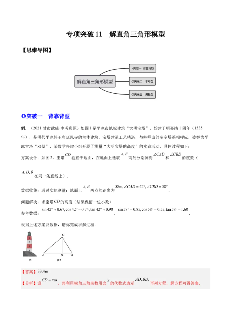 专题11解直角三角形模型（专项突破）-解析版_初中数学人教版_9下-初中数学人教版_07专项讲练_一题三变系列2022-2023学年九年级数学下册重要考点题型精讲精练(人教版)