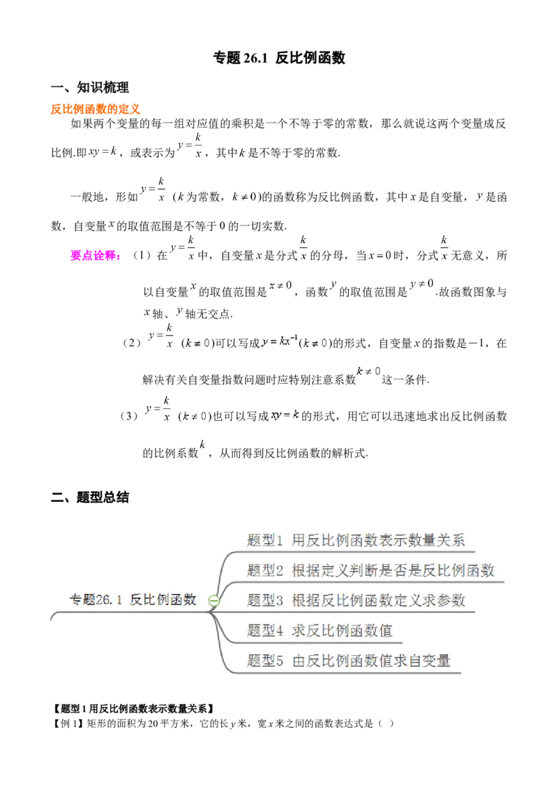 专题26.1反比例函数定义（原卷版）_初中数学人教版_9下-初中数学人教版_07专项讲练_2022-2023学年九年级数学下册重点题型讲练测（人教版）