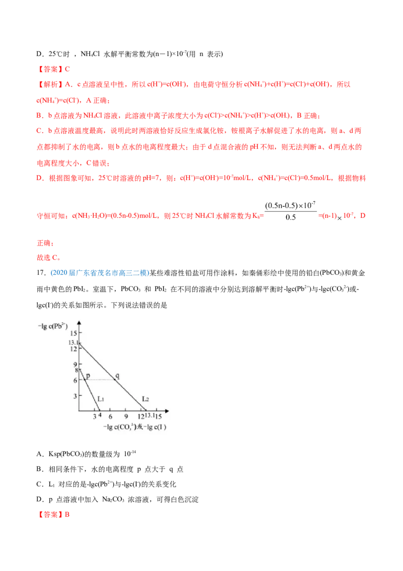 专题10水溶液中的离子平衡-2020年高考化学真题与模拟题分类训练（教师版含解析）_05高考化学_新高考复习资料_2022年新高考资料_2022年一轮复习各版本