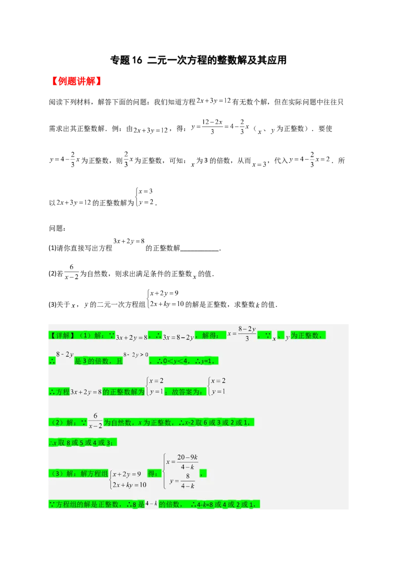 专题16二元一次方程的整数解及其应用（解析版）_初中数学人教版_7下-初中数学人教版_7下-初中数学人教版（旧版）赠送_06习题试卷_6期中期末复习专题