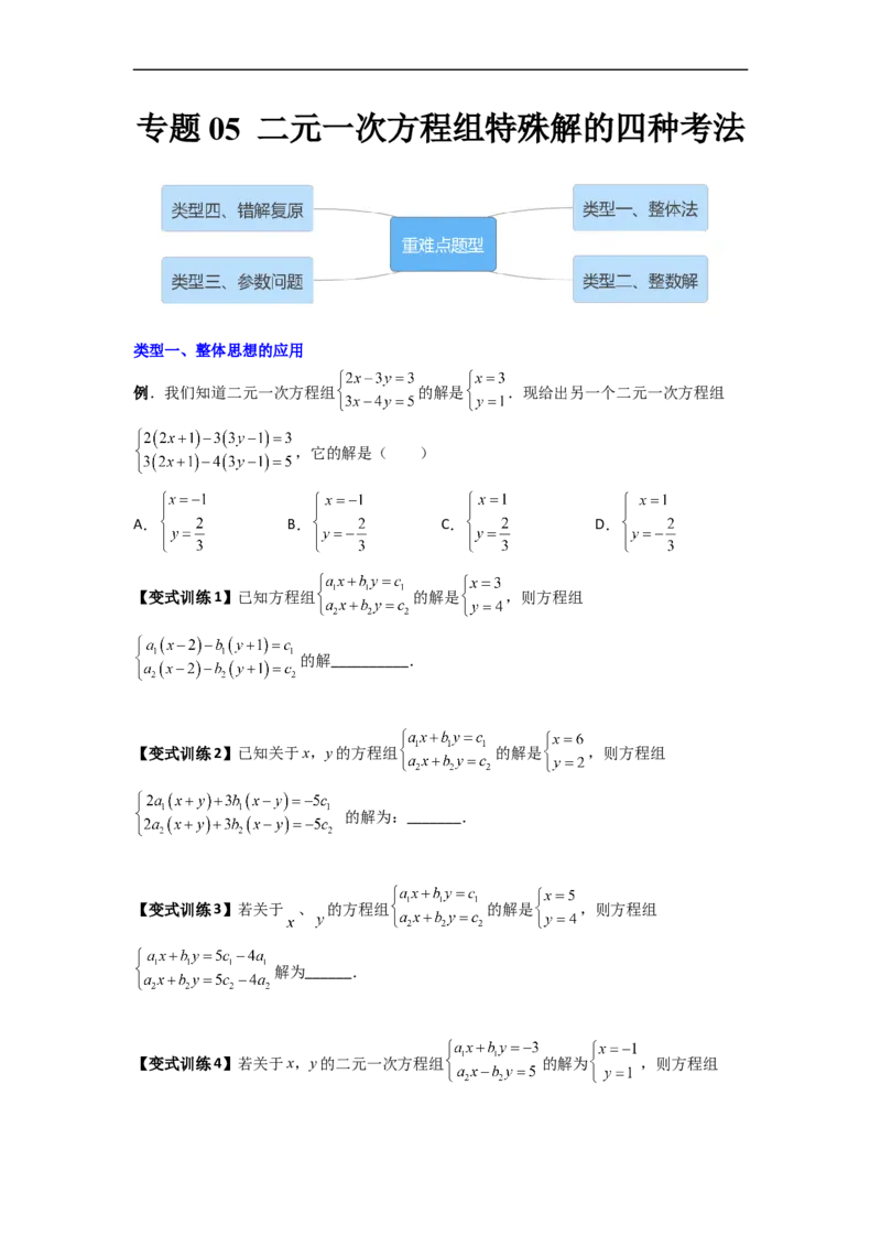专题05二元一次方程组特殊解的四种考法（原卷版）_初中数学人教版_7下-初中数学人教版_7下-初中数学人教版（旧版）赠送_06习题试卷_6期中期末复习专题
