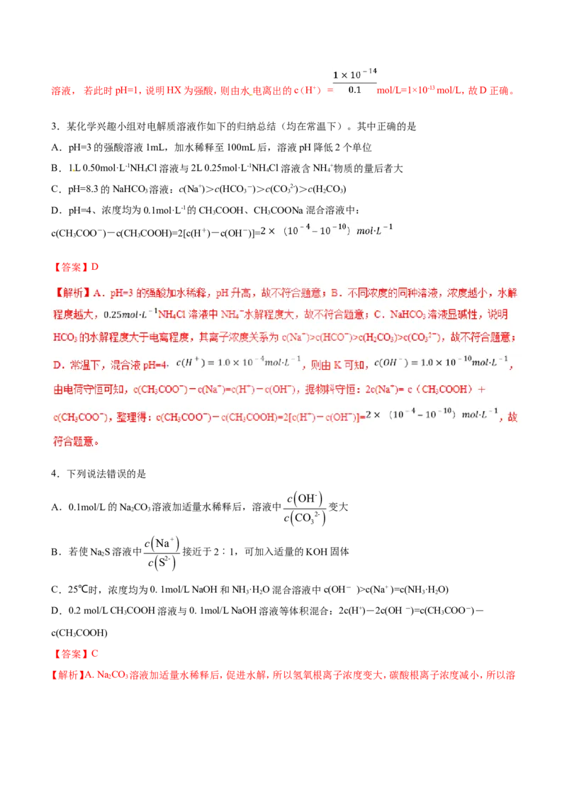 专题14描述类溶液中的离子平衡-2019年高考化学易错题汇总（解析版）_05高考化学_新高考复习资料_2022年新高考资料_2022年一轮复习各版本_1.高考化学2022年一轮复习通用版