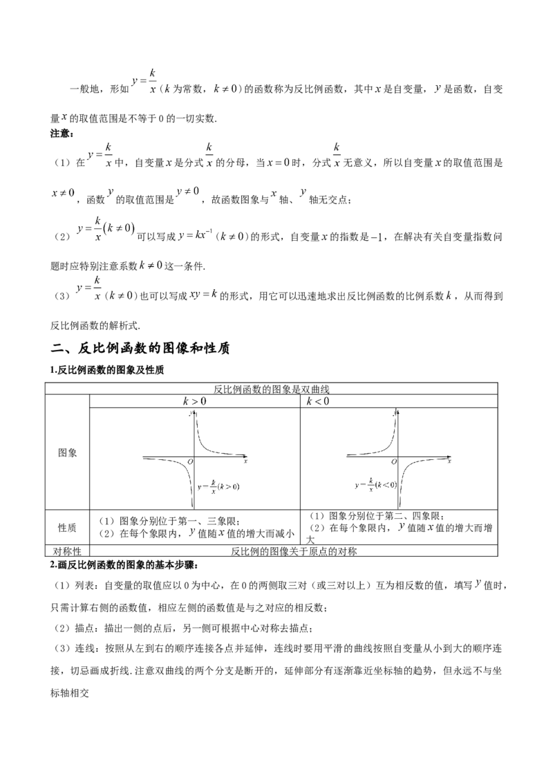 专题26.1反比例函数（十大考点）（原卷版）_初中数学人教版_9下-初中数学人教版_07专项讲练_2023-2024学年九年级数学下册考点剖析及精准练习（人教版）