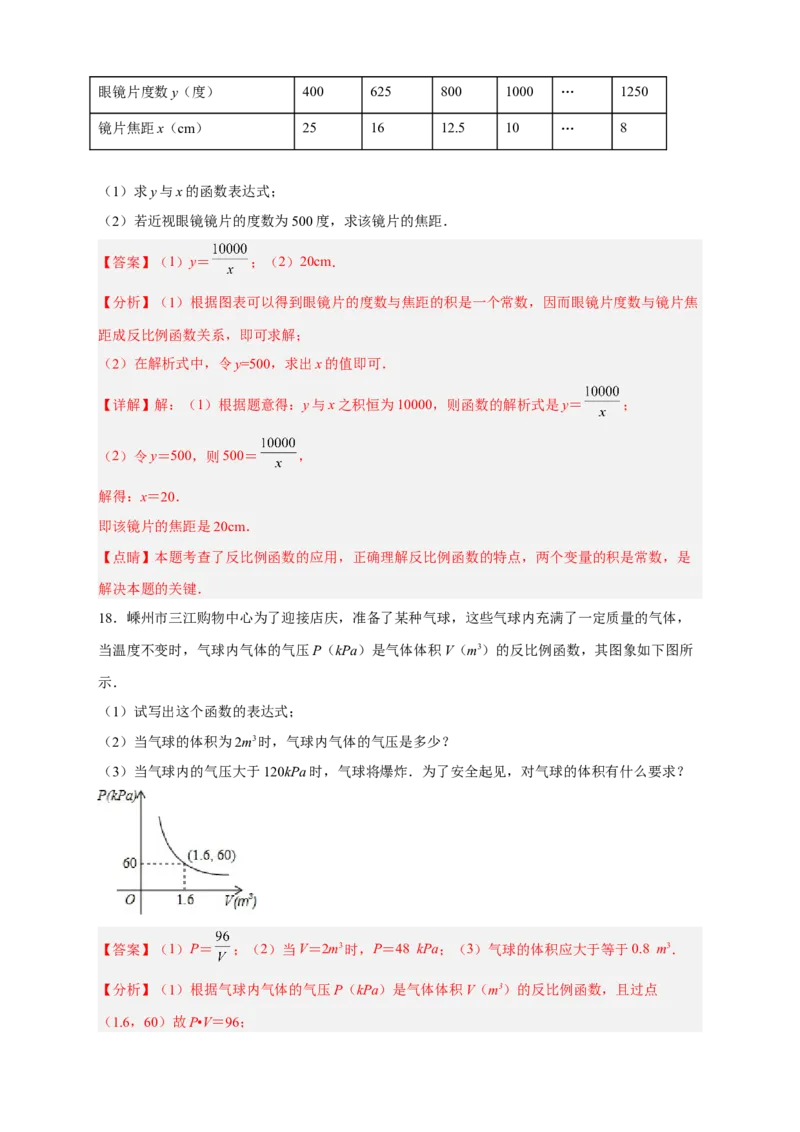 专题08反比例函数的实际应用（和物理有关）（解析版）_初中数学人教版_9下-初中数学人教版_07专项讲练_微专题2022-2023学年九年级数学下册常考点微专题提分精练（人教版）