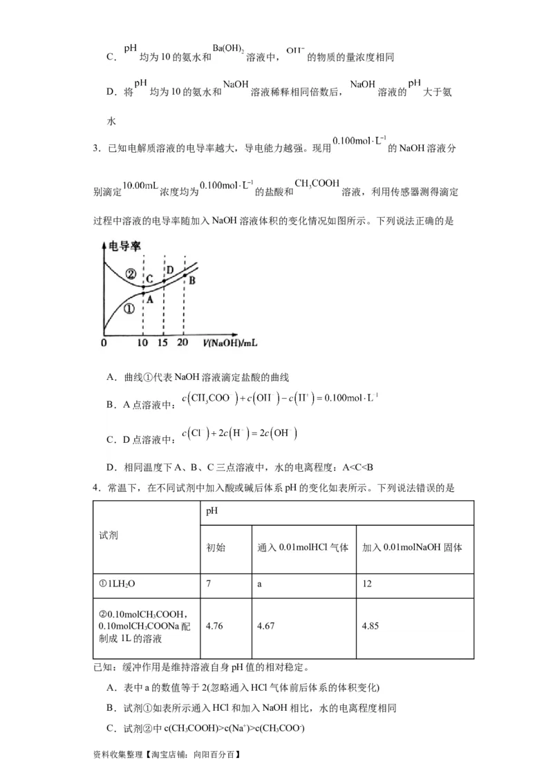 专项训练水的电离程度大小比较（原卷版）_05高考化学_新高考复习资料_2024年新高考资料_一轮复习资料_2024届高三化学一轮复习&mdash;专项训练