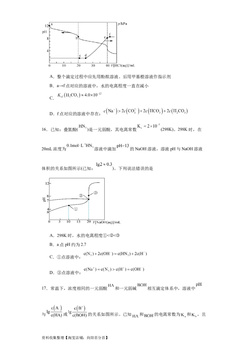 专项训练水的电离程度大小比较（原卷版）_05高考化学_新高考复习资料_2024年新高考资料_一轮复习资料_2024届高三化学一轮复习&mdash;专项训练