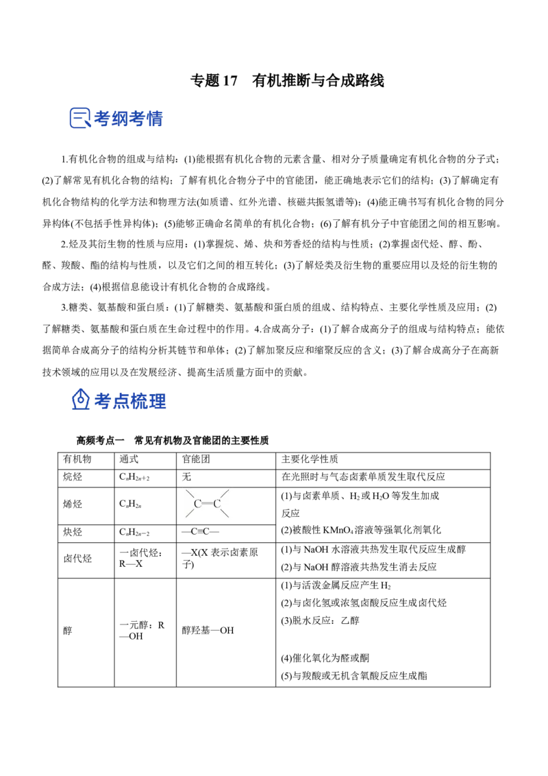 专题17有机推断与合成路线（讲）-2023年高考化学二轮复习讲练测（新高考专用）（原卷版）_05高考化学_新高考复习资料_2023年新高考资料_二轮复习