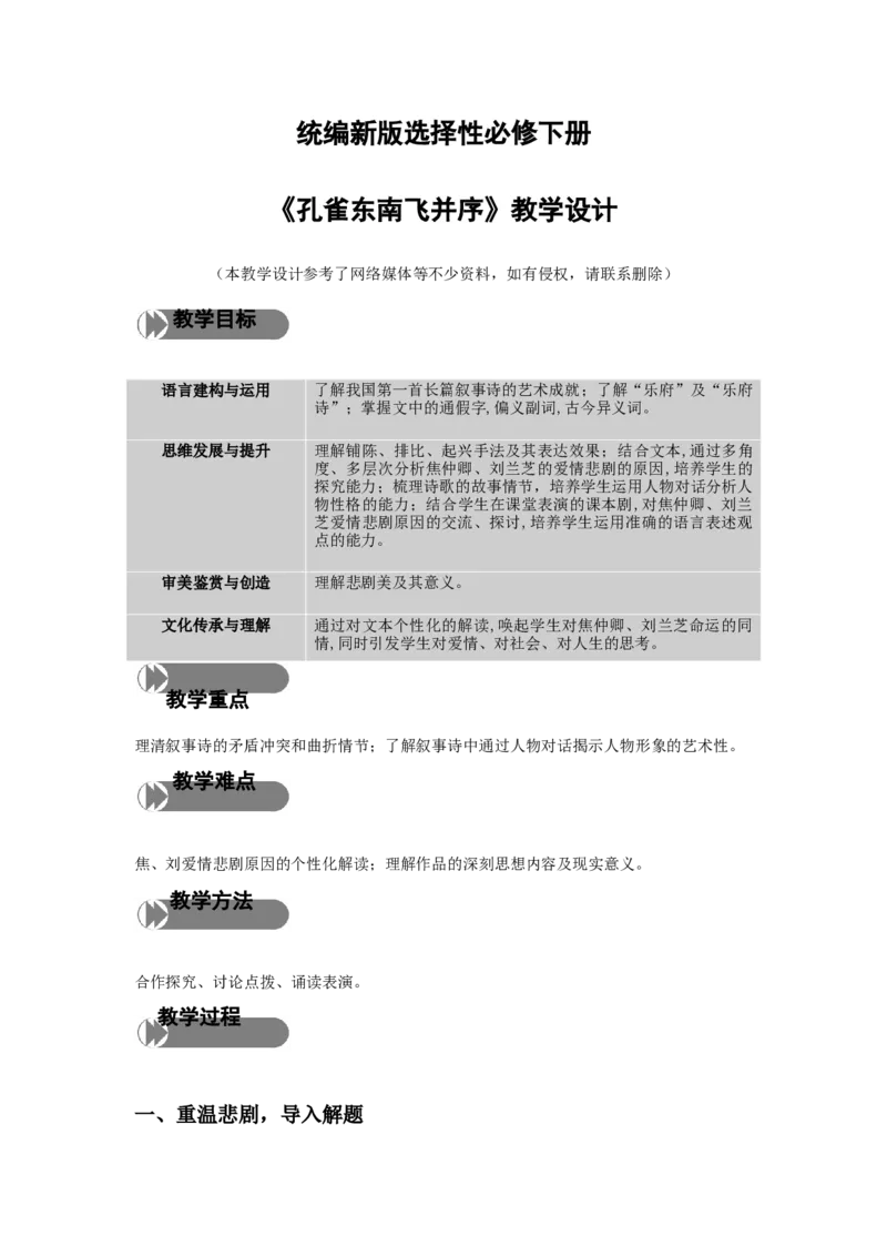 精品教学《孔雀东南飞并序》（教学设计）-2019-2020学年高二语文同步教学(统编版选择性必修下)_高语_人教版高中语文_05部编高中语文选择性必修下册_03课件+教案
