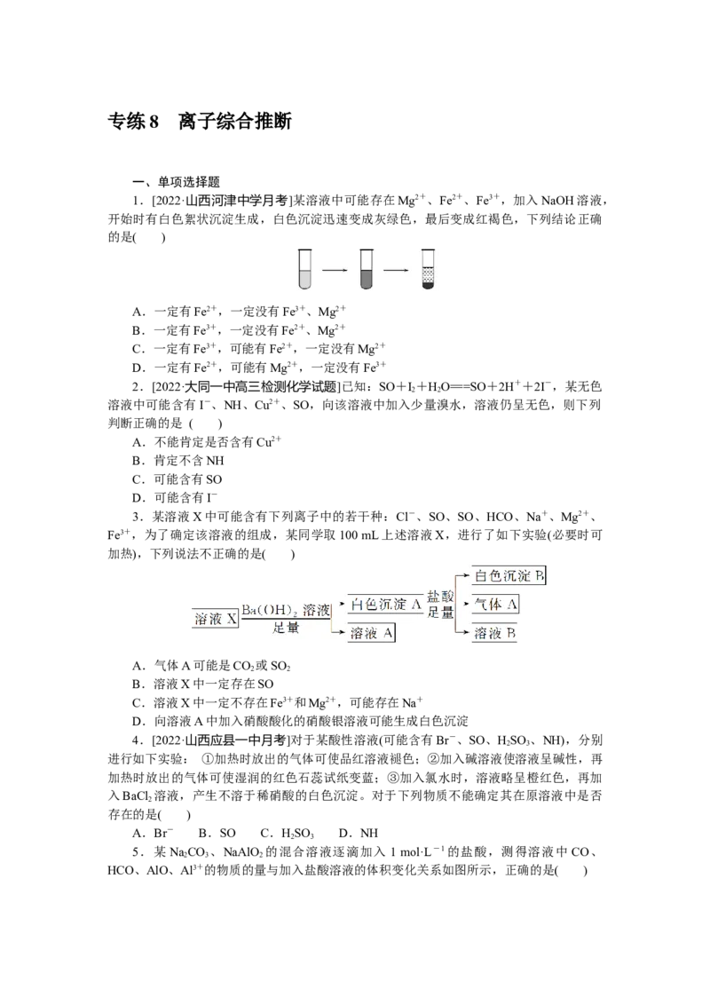 专练8离子综合推断_05高考化学_新高考复习资料_2023年新高考资料_专项复习_2023《微专题&middot;小练习》&middot;化学&middot;新教材&middot;XL-6