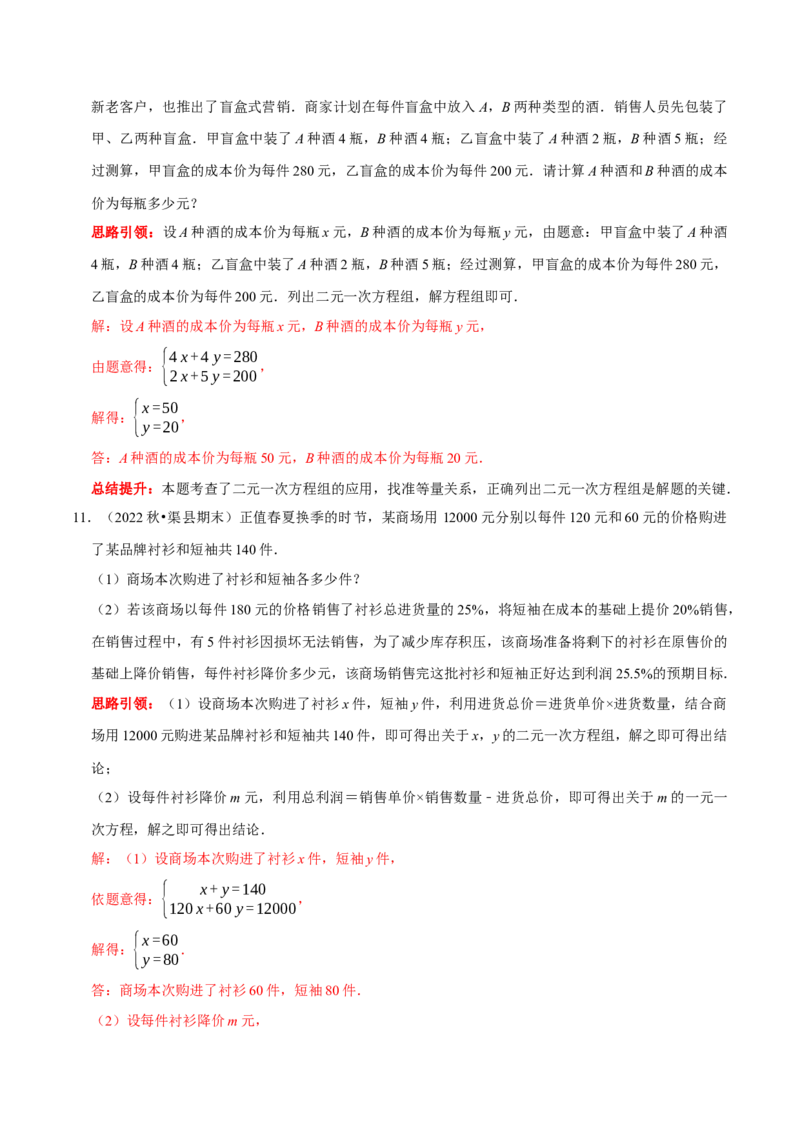 专题13二元一次方程组的实际应用问题分类集训（解析版）_初中数学人教版_7下-初中数学人教版_7下-初中数学人教版（旧版）赠送_07专项讲练