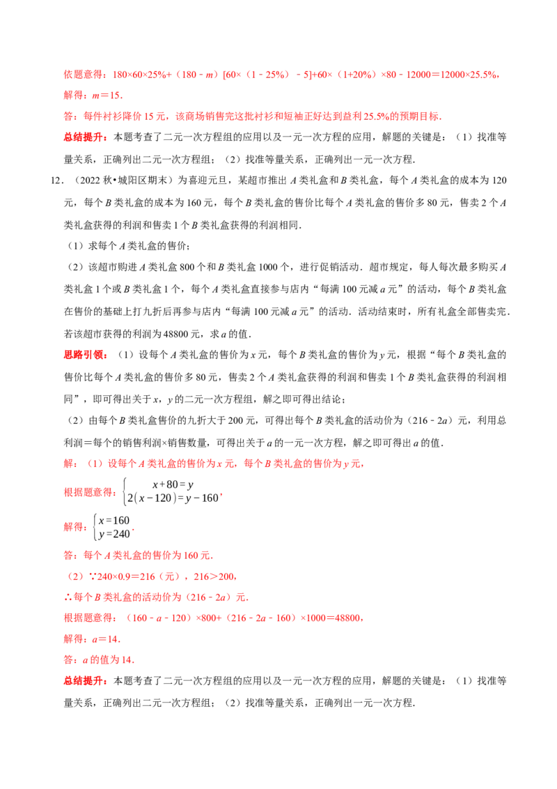 专题13二元一次方程组的实际应用问题分类集训（解析版）_初中数学人教版_7下-初中数学人教版_7下-初中数学人教版（旧版）赠送_07专项讲练