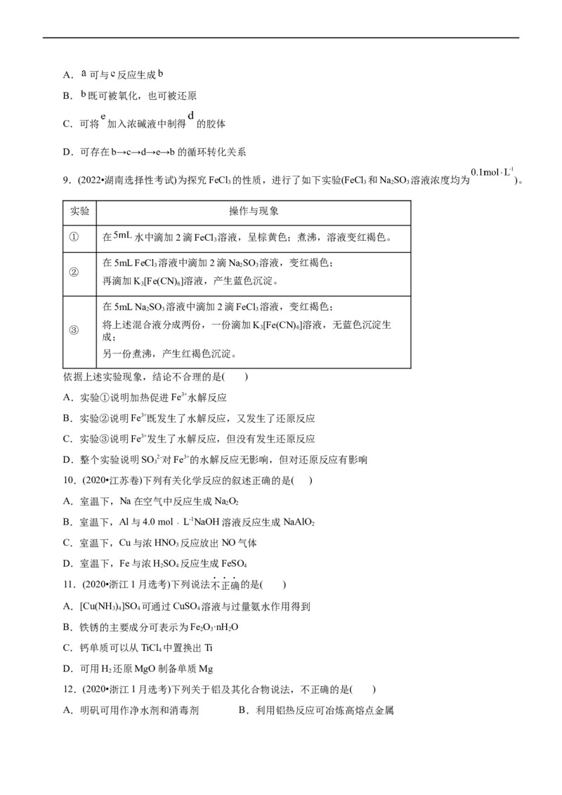 专题06金属及其化合物（练）（原卷版）_05高考化学_通用版（老高考）复习资料_2023年复习资料_二轮复习_2023年高考化学二轮复习讲练测（全国通用）