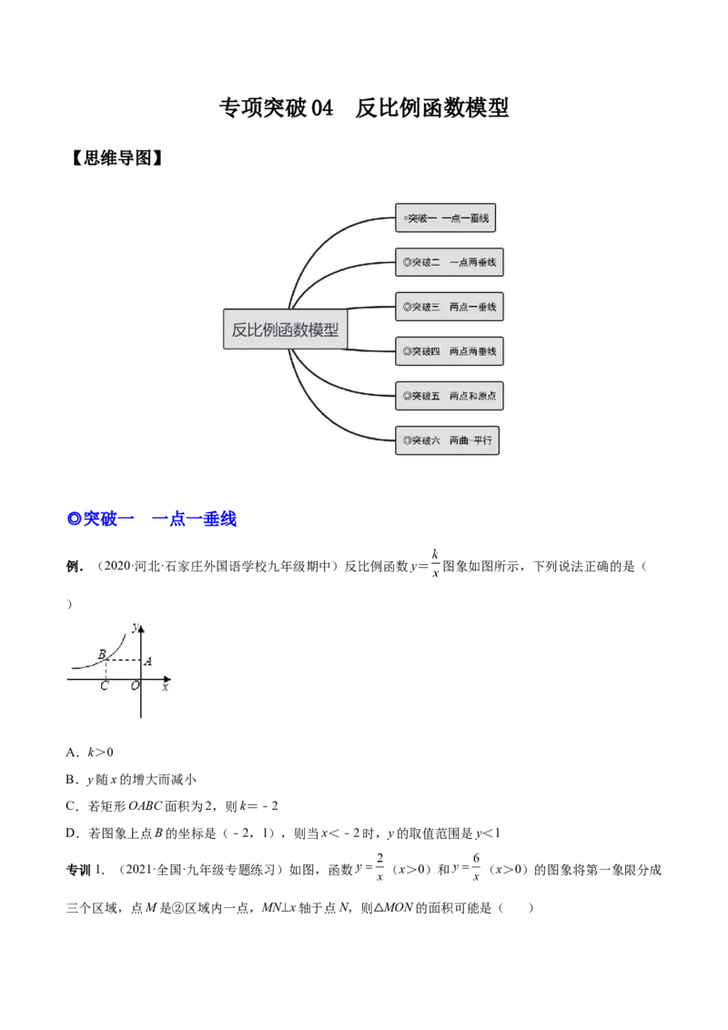 专题04反比例函数模型（专项突破）-原卷版_初中数学人教版_9下-初中数学人教版_07专项讲练_一题三变系列2022-2023学年九年级数学下册重要考点题型精讲精练(人教版)