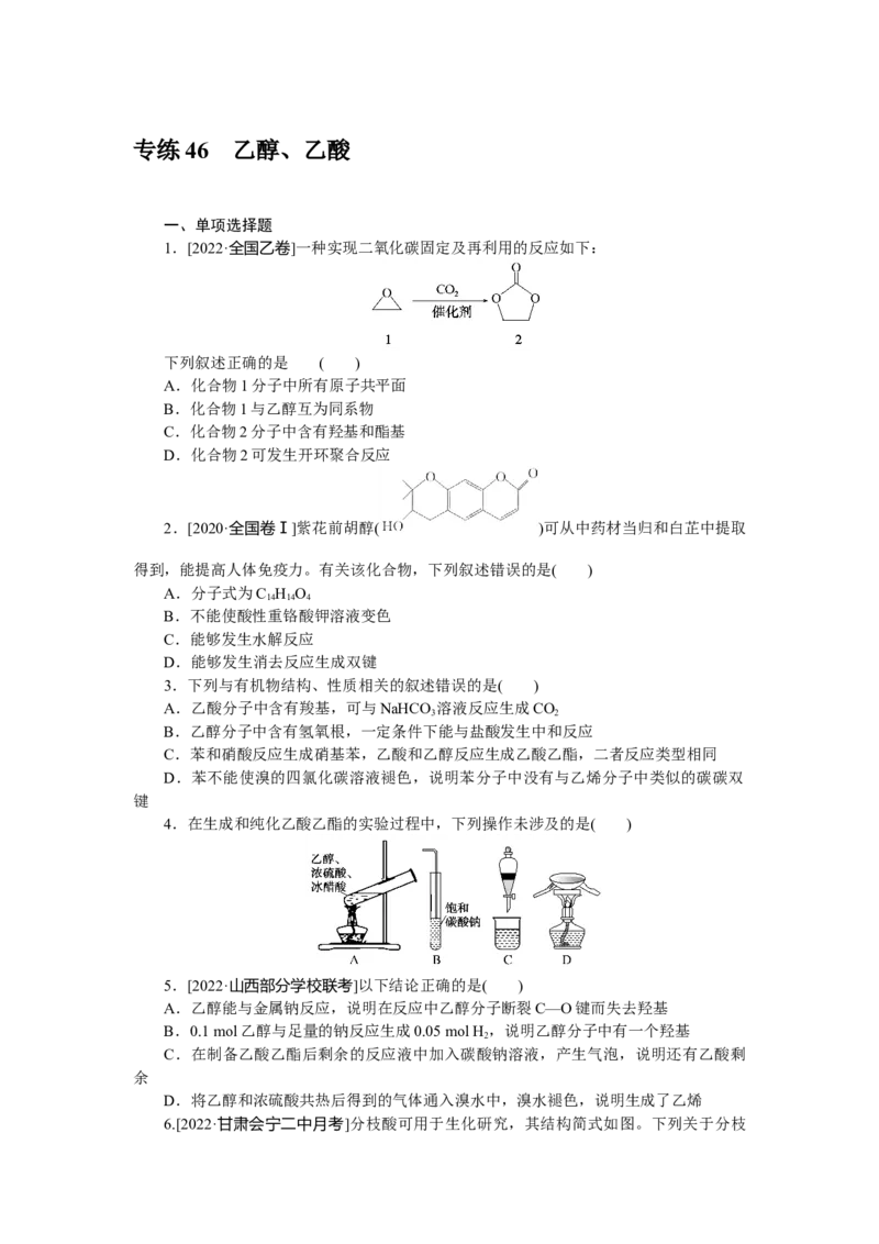 专练46　乙醇、乙酸_05高考化学_新高考复习资料_2023年新高考资料_专项复习_2023《微专题&middot;小练习》&middot;化学&middot;新教材&middot;XL-6