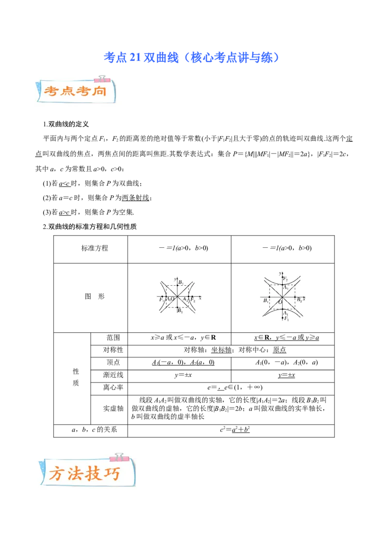 考点21双曲线（核心考点讲与练）-2023年高考数学一轮复习核心考点讲与练（新高考专用）(原卷版）_2.2025数学总复习_2023年新高考资料_一轮复习