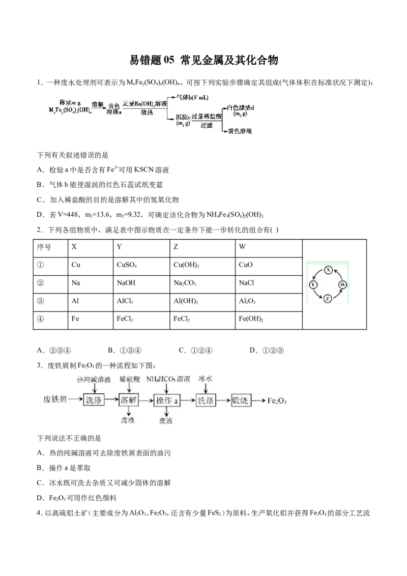 专题05常见金属及其化合物-2019年高考化学易错题汇总（原卷版）_05高考化学_新高考复习资料_2022年新高考资料_2022年一轮复习各版本_1.高考化学2022年一轮复习通用版_原卷版