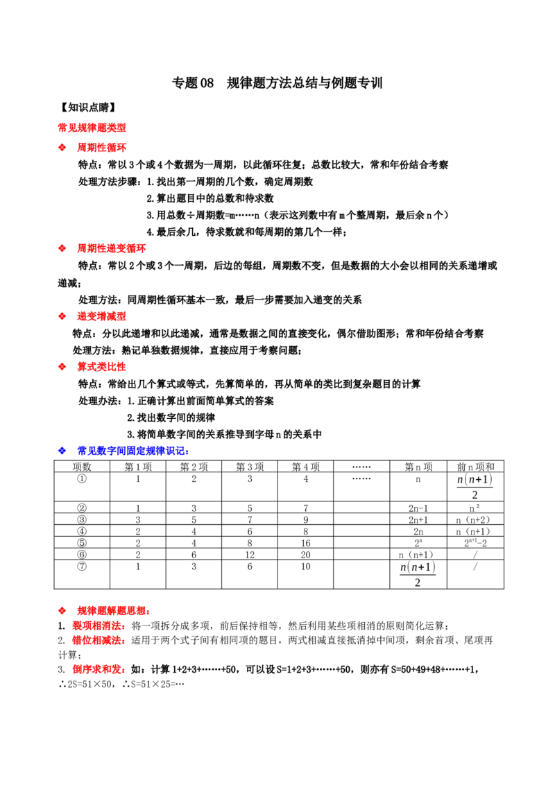 专题08规律题方法总结与例题专训（原卷版）_初中数学人教版_7上-初中数学人教版_7上-初中数学人教版（旧版）赠送_07专项讲练