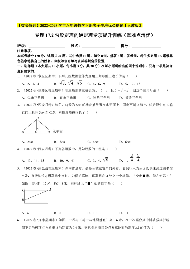 专题17.2勾股定理的逆定理专项提升训练（重难点培优）-拔尖特训2023年培优（原卷版）人教版_初中数学人教版_八年级数学下册_保存转存之后查看(1)_旧版-可参考_07专项讲练