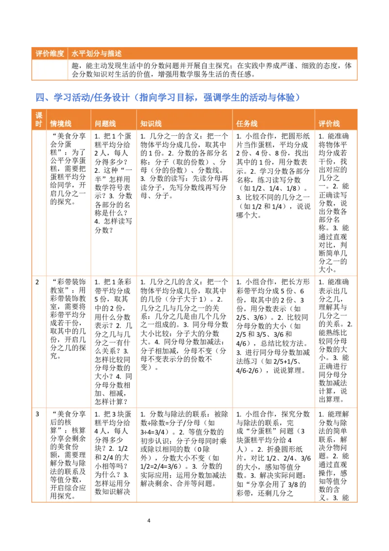 第6单元分数的初步认识（大单元整体教学设计）数学苏教版三年级数学下册（新教材）_A151三年级下册数学（苏教版）_2026春新版_第二套_04大单元教学设计